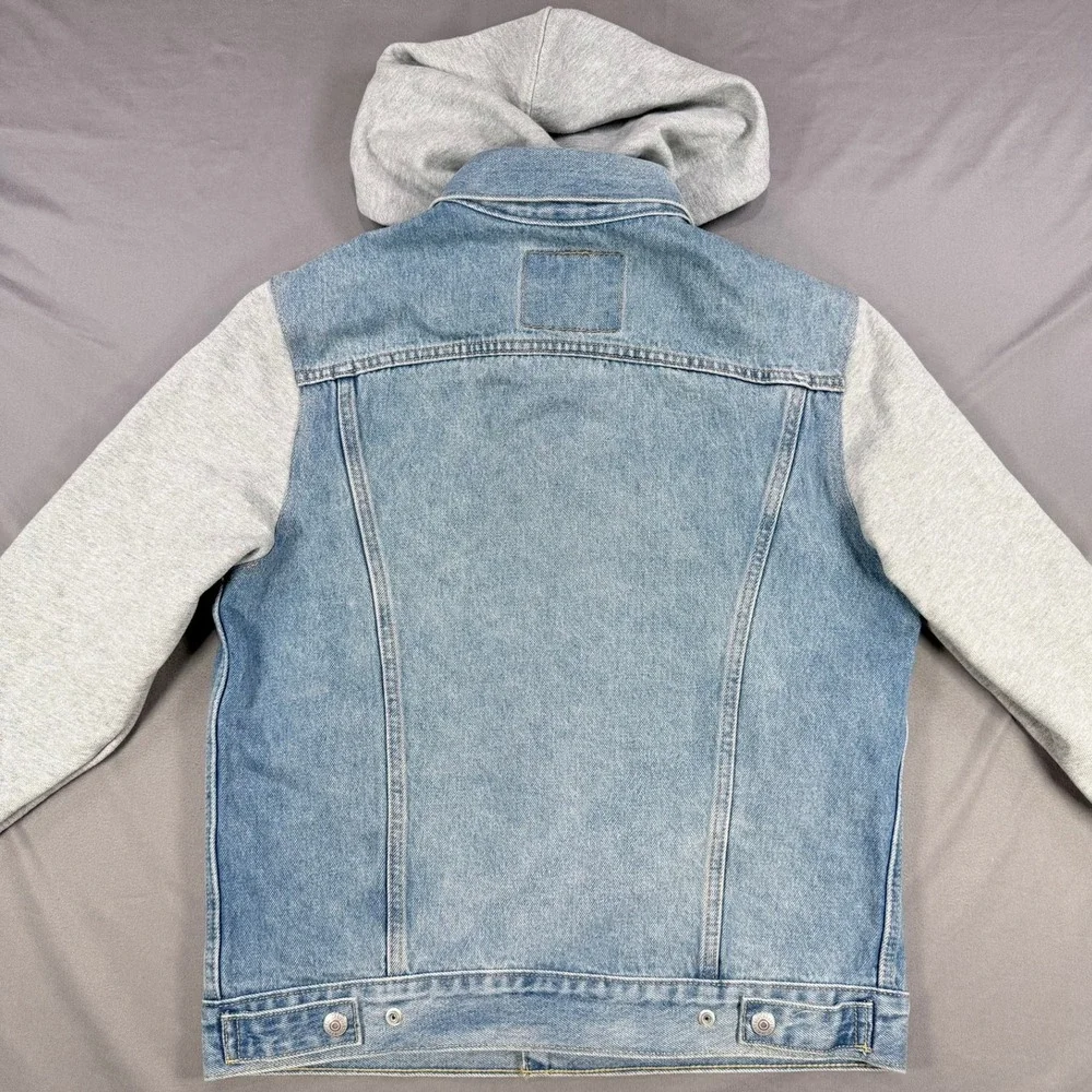 Levi's Mens S Blue Cotton Denim Relaxed Hybrid Trucker Jacket Grey Jersey Hooded